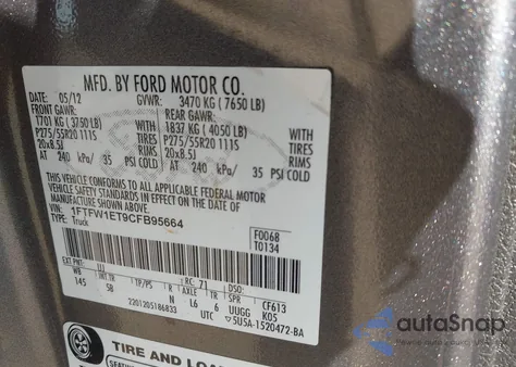 2012 Ford F-150 Fx4 from USA, damaged, VIN 1FTFW1ET9CFB95664